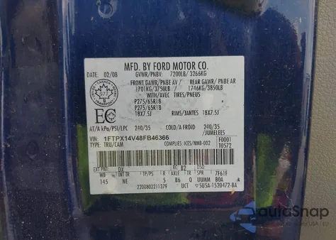 2008 Ford F-150 Fx4/Lariat/Xl/Xlt z USA, uszkodzony, nr VIN 1FTPX14V48FB46366